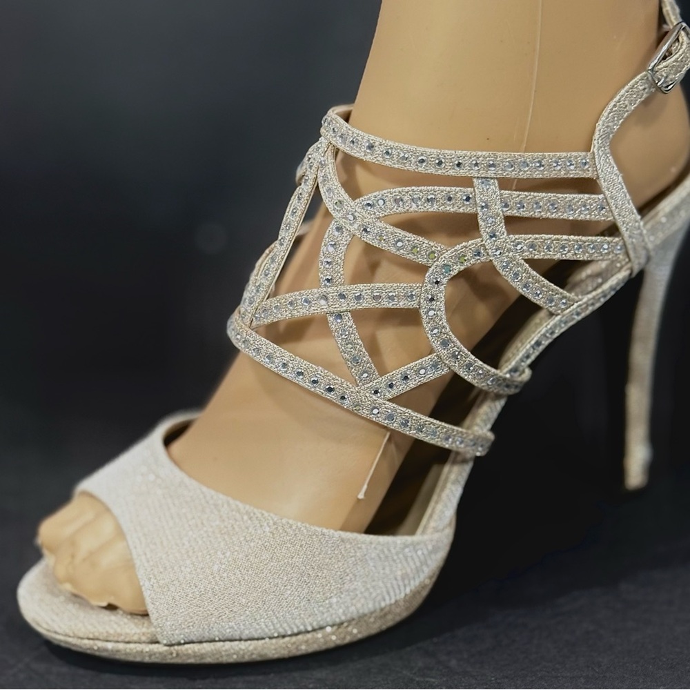 Caparros Gold Silver Rhinestone Open Toe Ankle Strap Strappy 4” Heels Size 7.5 - Picture 3 of 16